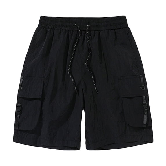 HOOMEUMY Men's Summer Solid Color Multi-Pocket Bermuda Shorts Straight Loose Fit Drawstring Elastic Waist Beachwear Bottoms Black XL