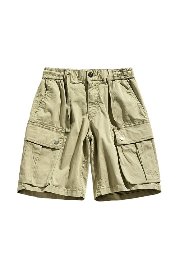 Men's Summer Solid Color Multi-Pocket Bermuda Shorts Straight Loose Fit Drawstring Knee Length Beach Shorts Yellow L