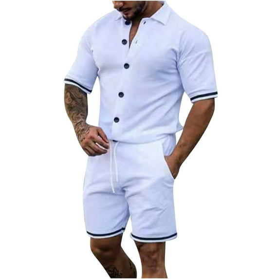 HOOMEUMY Men's Summer Solid Color Short Sleeve Shirt Shorts Set Tracksuit 2 Piece Outfits Gym Fitness Sportswear White XXXL