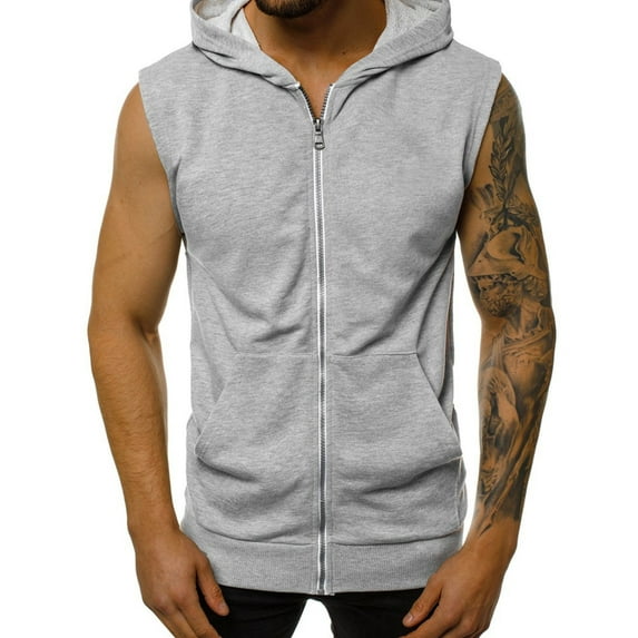 HOOMEUMY Men's Summer Solid Color Zipper Slim Fit Tank Top Drawstring Hooded Sleeveless Tank Tops Streetwear Gray XXL