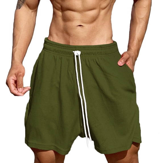 HOOMEUMY Men's Summer Sports Fitness Shorts with Pockets Solid Loose Fit Workout Running Shorts Drawstring Beach Shorts Green L