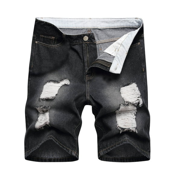 HOOMEUMY Men's Summer Straight Fit Denim Shorts Distressed Hole Ripped Frayed Stretch Jean Shorts with Zipper Fly Black XL