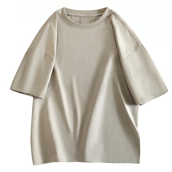 HOOMEUMY Men's Summer T-Shirt Loose Fit Crew Neck Short Sleeve Solid Color Basic Tee Shirt Femme Tops Beige XXXL