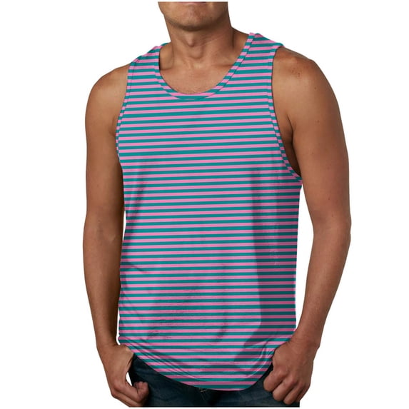 HOOMEUMY Men's Summer Tank Top Breathable Striped Sleeveless Vests Basic Crew Neck Atheltic Workout UnderVests Blue L