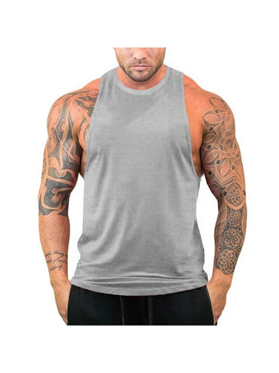 Men's Summer Tank Top Mesh Breathable Fitness Bodybuilding Stringer Tank Top Gym Workout Sleeveless Vest Gray L