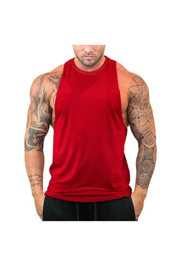 Men's Summer Tank Top Mesh Breathable Fitness Bodybuilding Stringer Vest Gym Workout Sleeveless Vest Red XXXL