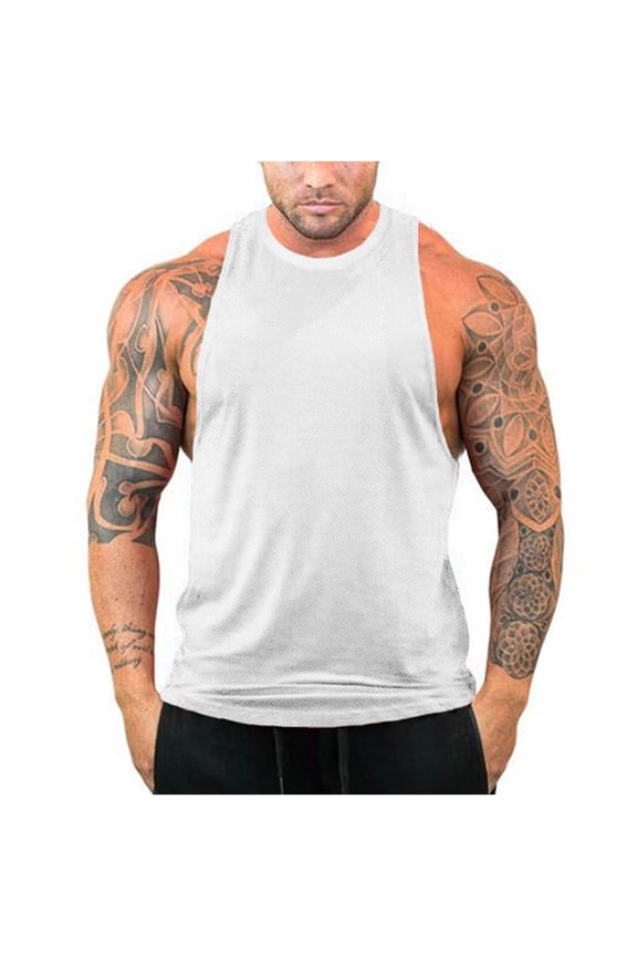 Men's Summer Tank Top Mesh Breathable Fitness Bodybuilding Stringer Vest Gym Workout Sleeveless Vest White L