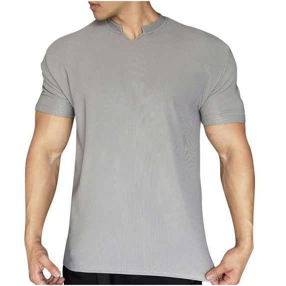 HOOMEUMY Men's Summer Wrinkle-resistant V-Neck T-Shirts Short Sleeve Slim Fit Quick Dry Solid Color Athletic Tee Tops Gray L