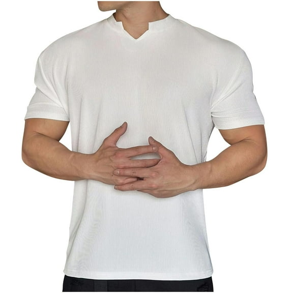 HOOMEUMY Men's Summer Wrinkle-resistant V-Neck T-Shirts Short Sleeve Slim Fit Quick Dry Solid Color Athletic Tee Tops White M