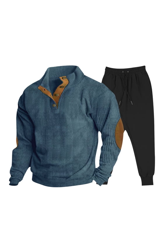 Men's Sweat Suit 2 Piece Outfit,Mens Corduroy Shirt Lapel Collar Pullover Long Sleeve Golf Sweatshirts Tracksuits Set Blue L