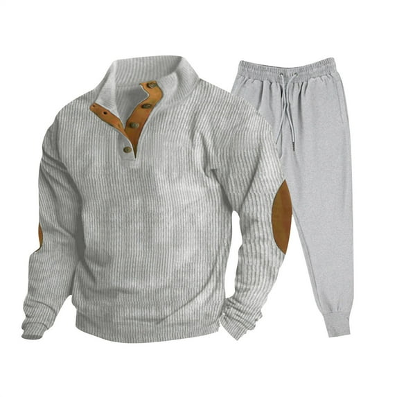 HOOMEUMY Men's Sweat Suit 2 Piece Outfit,Mens Corduroy Shirt Lapel Collar Pullover Long Sleeve Golf Sweatshirts Tracksuits Set Gray S