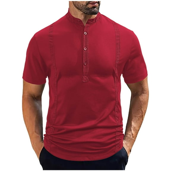 HOOMEUMY Men's T-Shirts Crew Neck Button Shirts Fashion Solid Color Comfy Casual Lightweight Shirts Summer Short Sleeve Shirt (Wine,XXXL)