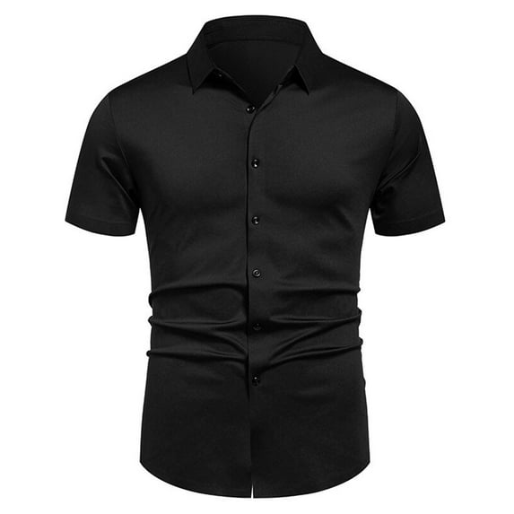 HOOMEUMY Men's T-Shirts Lapel Button Shirts Fashion Lightweight Shirts Summer Short Sleeve Shirt Solid Color Comfy Casual (Black,M)