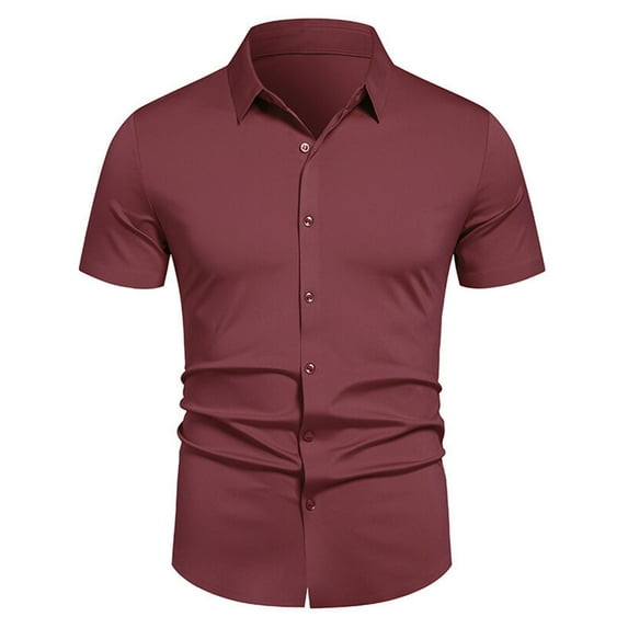 HOOMEUMY Men's T-Shirts Lapel Button Shirts Fashion Lightweight Shirts Summer Short Sleeve Shirt Solid Color Comfy Casual (Red,L)