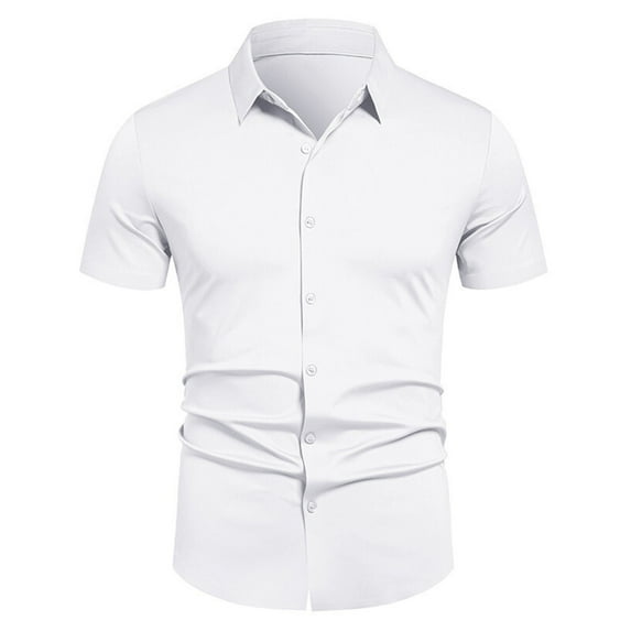 HOOMEUMY Men's T-Shirts Lapel Button Shirts Fashion Lightweight Shirts Summer Short Sleeve Shirt Solid Color Comfy Casual (White,S)