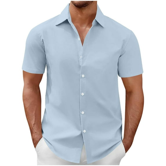 HOOMEUMY Men's T-Shirts Lapel Button Shirts Short Sleeve Shirt Solid Color Comfy Casual Lightweight Shirts Fashion Summer (Light Blue,XXXL)