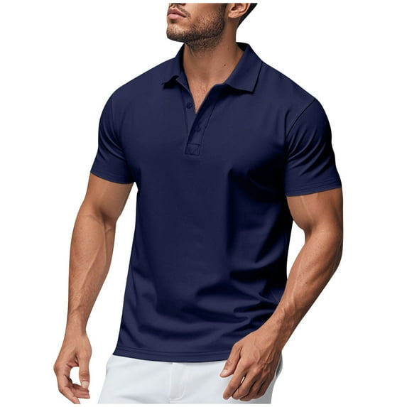 HOOMEUMY Men's T-Shirts Lapel Button Shirts Solid Color Short Sleeve Shirt Fashion Comfy Casual Lightweight Shirts Summer (Navy,S)