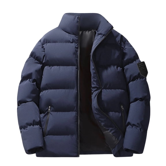 HOOMEUMY Men's Thicken Puffer Jacket Waterproof Warm Winter Coat Long Sleeve Plus Size Puffy Coat Parka Jacket with Zip Pockets (Dark Blue,XXL）