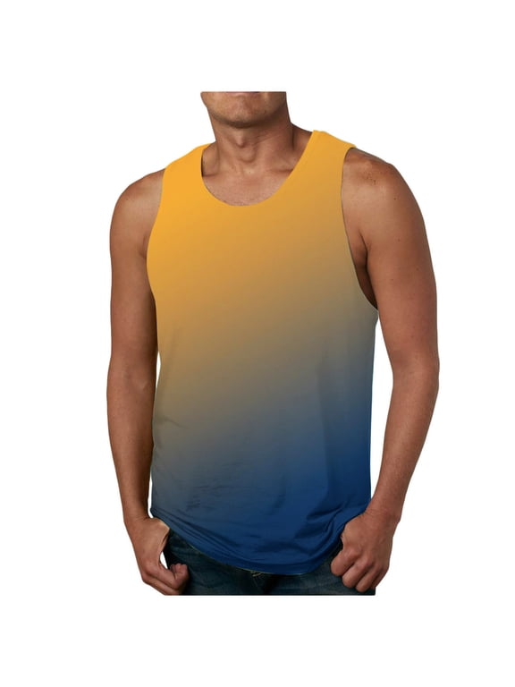Men's Tie Dye Tank Top Summer Gradient Color Ombre Sleeveless Crew Neck Vest Loose Fit Muscle Beach Vest Multi-color L