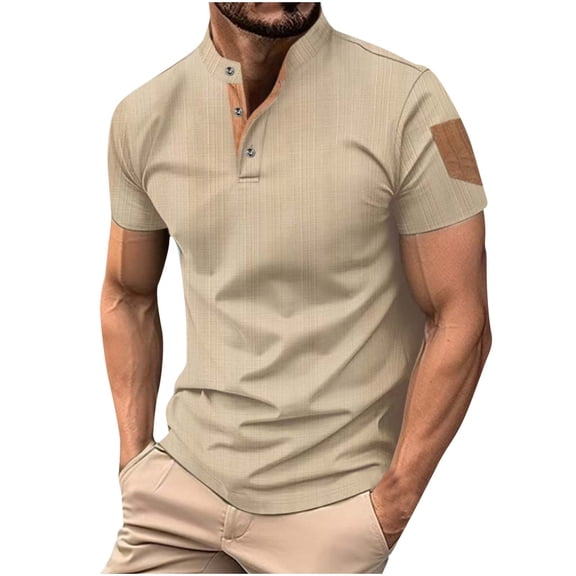 HOOMEUMY Men's V-Neck Button Shirts Relaxed Short Sleeve Basic Shirt Soft Casual Lightweight Solid Color Blouses (Khaki,XL)