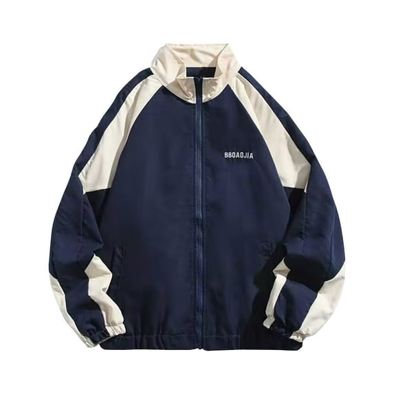 HOOMEUMY Men's Vintage Jackets Hip Hop Style Patchwork Windbreak Hoodless Streetwear Lightweight Jackets Bomber Jackets Navy XXL