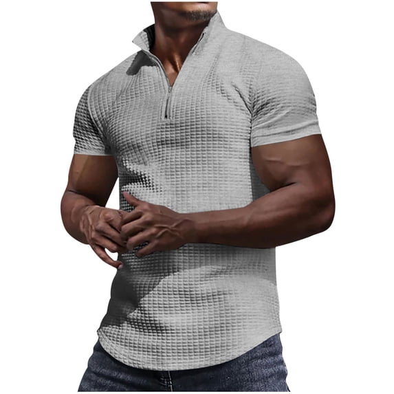 HOOMEUMY Men's Waffle Shirts 2025 Trendy Classic Solid Shirts Stand-up Collar Tops Stylish Slim Fit Casual Blouse Workout Summer Basic Short Sleeve Basic Tees Gray XXXL