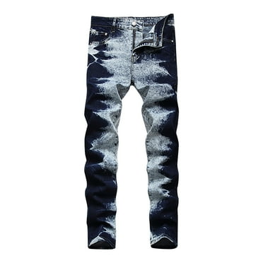 HOOMEUMY Men's Washed Ripped Biker Jeans Slim Fit Stretch Denim Distressed Straight Leg Jeans Streetwear Trousers Blue Black Blue S