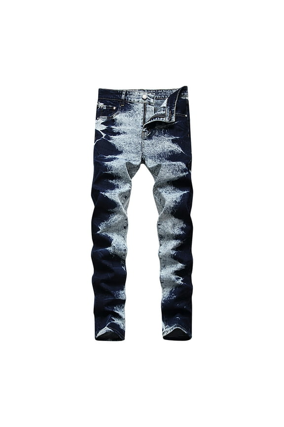Men's Washed Ripped Biker Jeans Slim Fit Stretch Denim Distressed Straight Leg Jeans Streetwear Trousers Blue Black Blue S