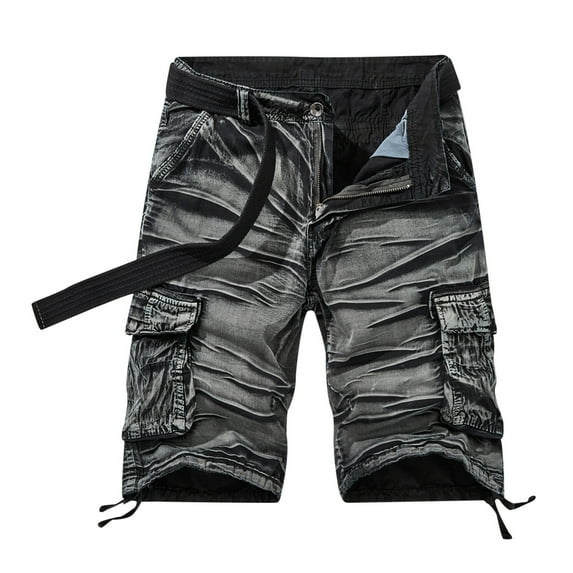 HOOMEUMY Men's Washed Slim Fit Multi-Pocket Cargo Shorts Stretch Straight Denim Shorts with Belt Summer Beach Shorts Black XL