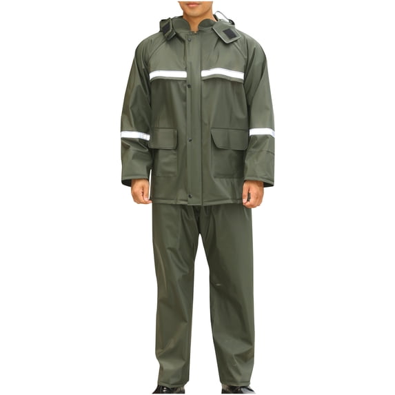 HOOMEUMY Men's Waterproof Raincoat Rain Pants Set with Hood Rainsuit Reflective Strip Jumpsuit Outdoor Workwear Rain Gear Green L