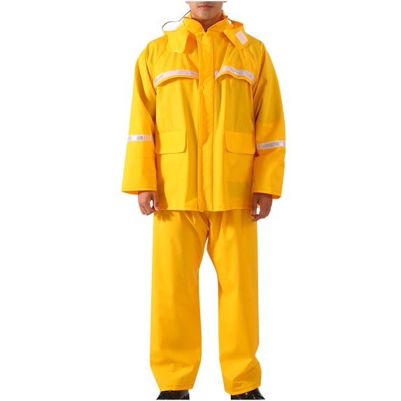 HOOMEUMY Men's Waterproof Raincoat Rain Pants Set with Hood Rainsuit Reflective Strip Jumpsuit Outdoor Workwear Rain Gear Yellow XXXL