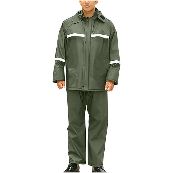 HOOMEUMY Men's Waterproof Raincoat Suit with Hood Rain Jacket Pants Set Work Rain Gear Reflective Stripe Lightweight Rainwear Outdoor Sports Hiking Camping Fishing Green XXXXL