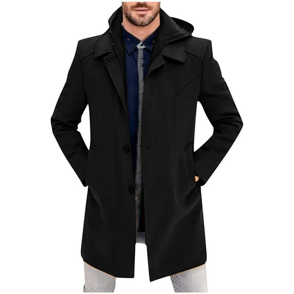 HOOMEUMY Men's Winter Coat Hooded Warm Overcoat Button Turndown Collar Long Sleeve Jacket Solid Outwear Thick Black XL