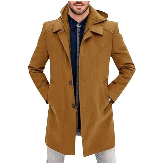 HOOMEUMY Men's Winter Coat Hooded Warm Overcoat Button Turndown Collar Long Sleeve Jacket Solid Outwear Thick Coffee M