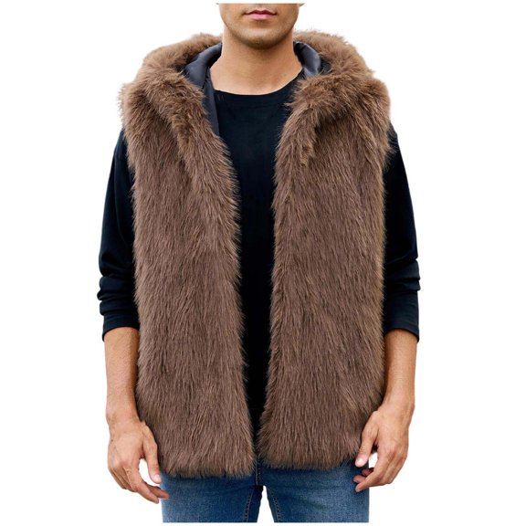 HOOMEUMY Men's Winter Coats Warm Winter Hoodie Waistcoat Coats Sleeveless Jacket Parka Open Front Cardigans Outerwear (Brown,XXL)