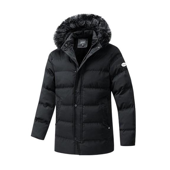 HOOMEUMY Men's Winter Cotton Jacket Faux Fur Hood Warm Padded Thick Down Coat Classic Solid Long Sleeve Outerwear Black XXXXL