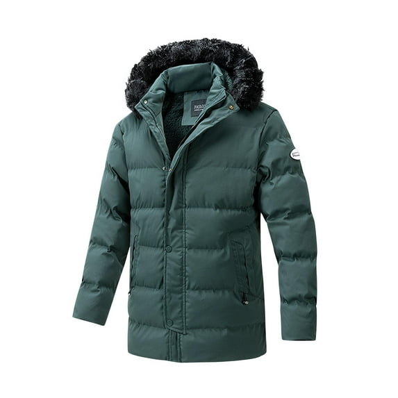 HOOMEUMY Men's Winter Cotton Jacket Faux Fur Hood Warm Padded Thick Down Coat Classic Solid Long Sleeve Outerwear Green XXXXL