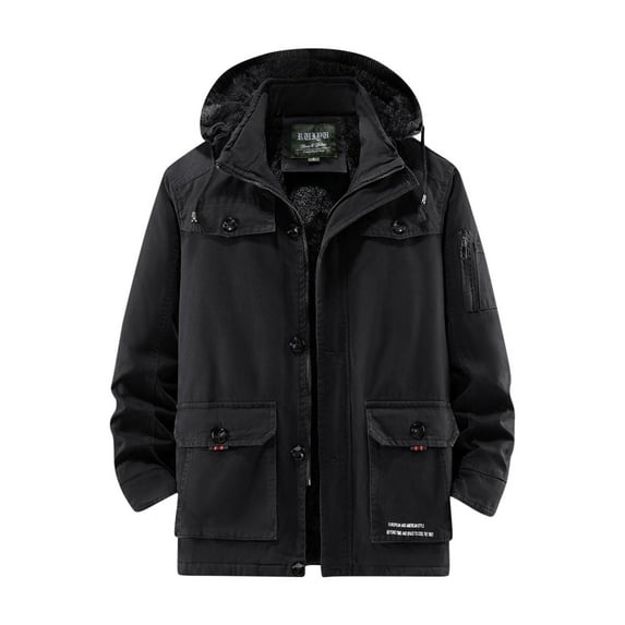 HOOMEUMY Men's Winter Hooded Jacket Vintage Solid Warm Drawstring Fleece Lined Thick Padded Cotton Outwear Black XXL