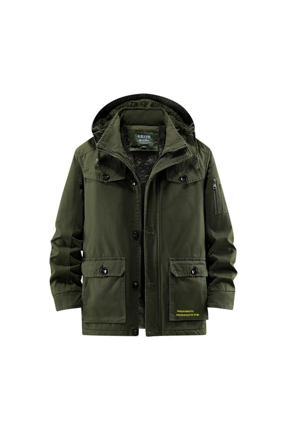 Men's Winter Hooded Jacket Vintage Solid Warm Drawstring Fleece Lined Thick Padded Cotton Outwear Combat Green XL
