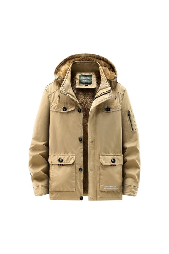 Men's Winter Hooded Jacket Vintage Solid Warm Drawstring Fleece Lined Thick Padded Cotton Outwear Khaki XXXXXL