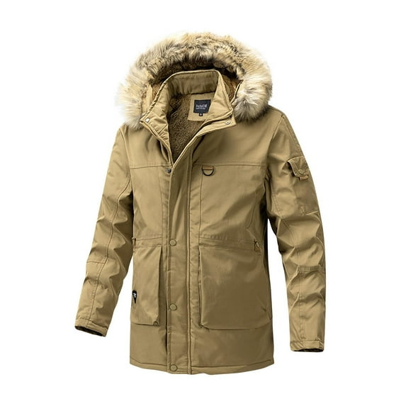 HOOMEUMY Men's Winter Jacket Warm Faux Fur Hood Thickened Parka Coat Windproof Waterproof Outdoor Snow Jacket Khaki XXXL