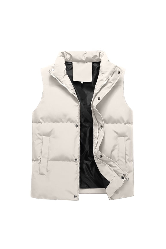 Men's Winter Puffer Vest Warm Sleeveless Jacket Stand Collar Zipper Pockets Outdoor Thicken Down Vest Khaki XXL