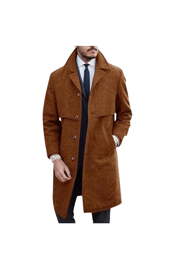 Men's Winter Trench Coat Warm Long Sleeve Bottons Up Turndown Collar Overcoat Business Wool Blend Jacket Outerwear Brown M