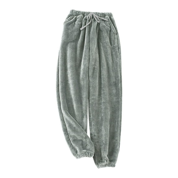 HOOMEUMY Men's Winter Warm Thickened Coral Fleece Homewear Solid Color Drawstring Loose Straight Long Pants Sleep Bottoms with Pockets Gray L