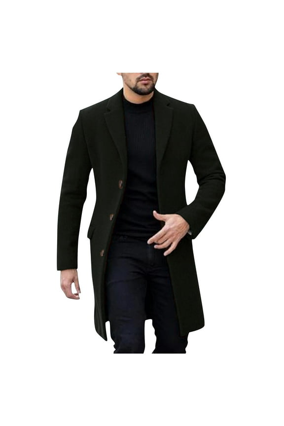 Men's Wool Blend Overcoat Long Sleeve Trench Coat Winter Warm Business Jacket Outerwear with Pockets Black L