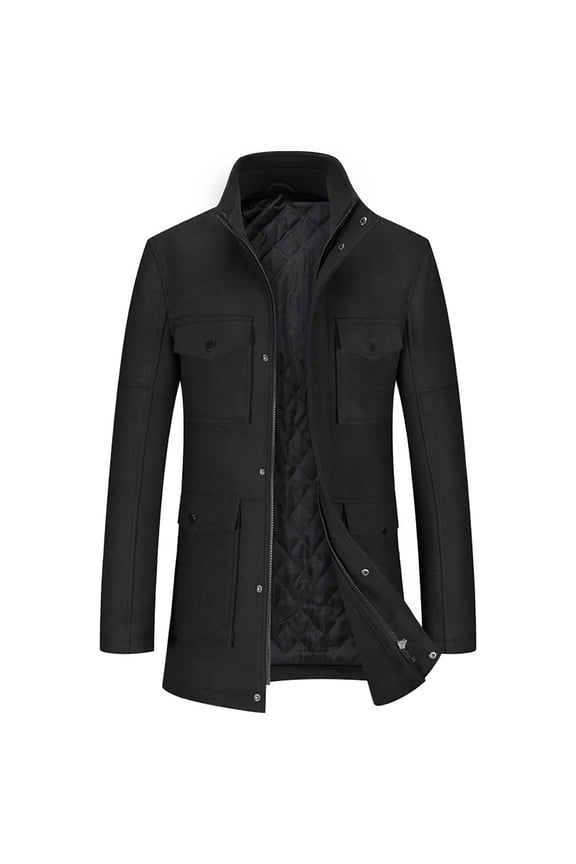 Men's Wool Blend Winter Coat Warm Thick Overcoat with Pockets Button Front Zipper Closure Long Sleeve Outwear Jacket Black Black S