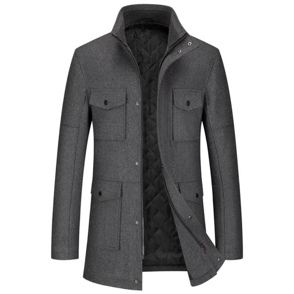 HOOMEUMY Men's Wool Blend Winter Coat Warm Thick Overcoat with Pockets Button Front Zipper Closure Long Sleeve Outwear Jacket Black Gray XL
