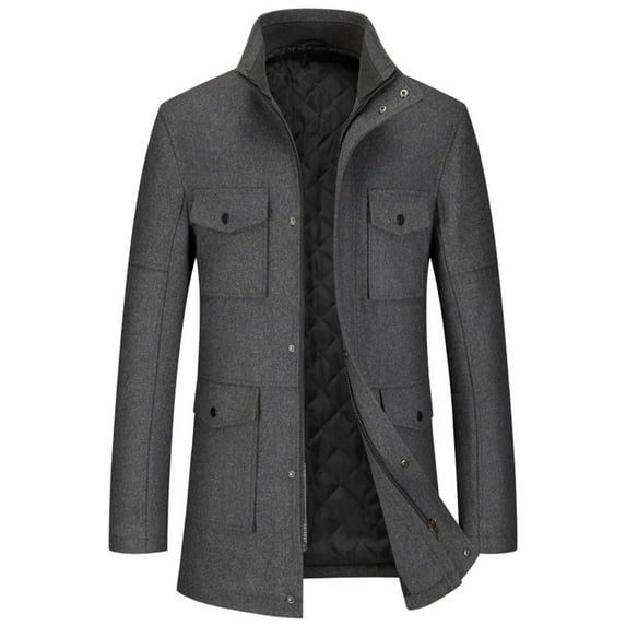 HOOMEUMY Men's Wool Blend Winter Coat Warm Thick Overcoat with Pockets Button Front Zipper Closure Long Sleeve Outwear Jacket Black Gray XS