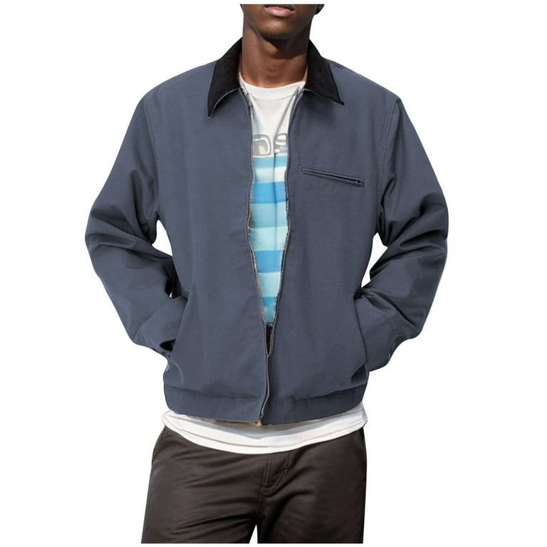Hoomeumy Men s Workwear Jacket Cotton Full Zip Long Sleeve Solid Color Work Jacket Outdoor Lightweight Durable Classic Utility Gray XXL Size 2XL US