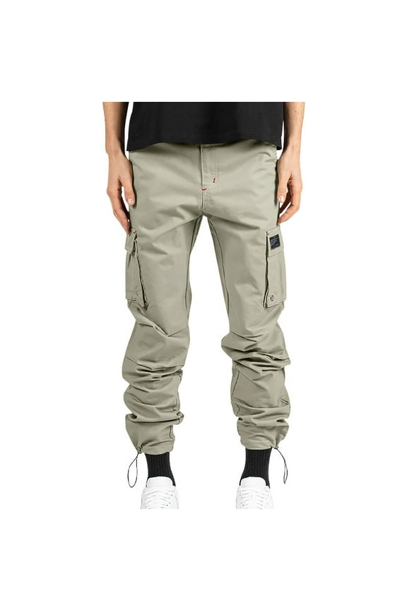 Men's Woven Streetwear Vintage Multi-Pocket Camouflage Bound Feet Casual Loose Fit Cargo Pants Joggers Beige L